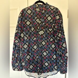The Look, Western Button-Up Shirt in Black, White, Blue & Red modern pattern, Lg